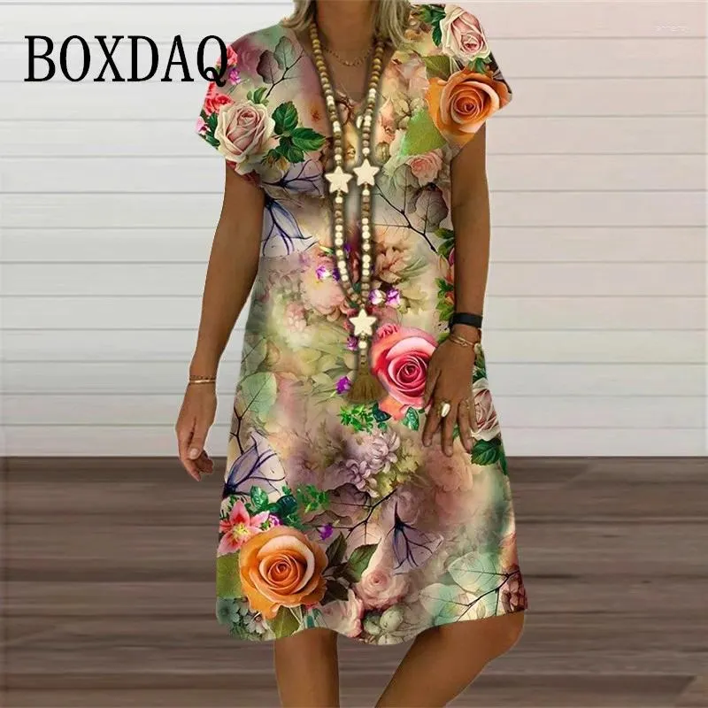 Feestjurken 2024 zomer casual dames jurk vrouwen abstract bloem 3d print korte mouw v-neck los plus size mode 6xl