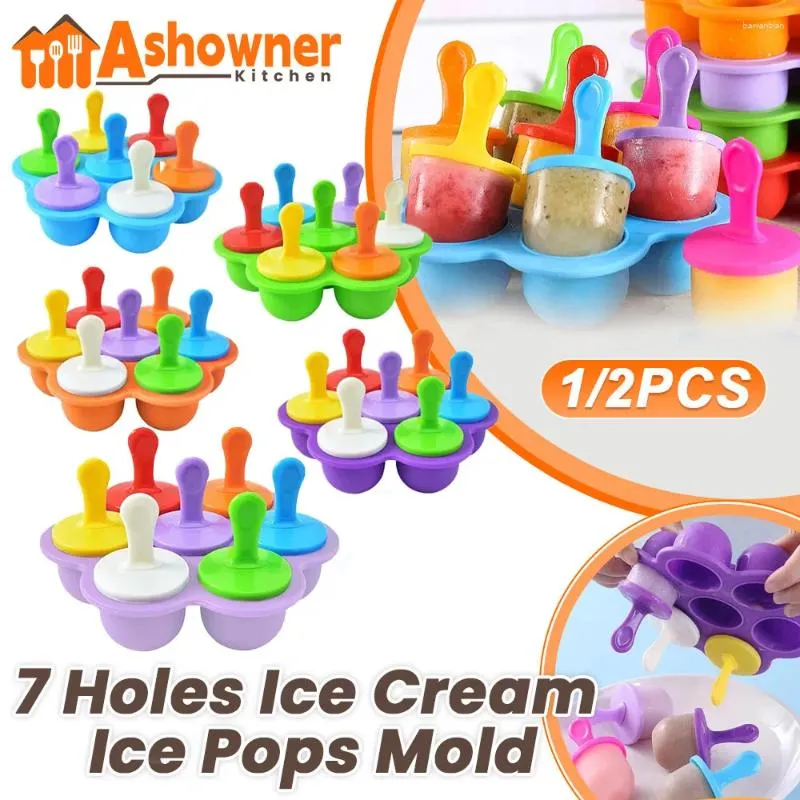 Baking Moulds 7 Holes Ice Cream Pops Mold Silicone Ball Maker Popsicles Molds Baby Fruit Shake Home Kitchen Accessories Tools