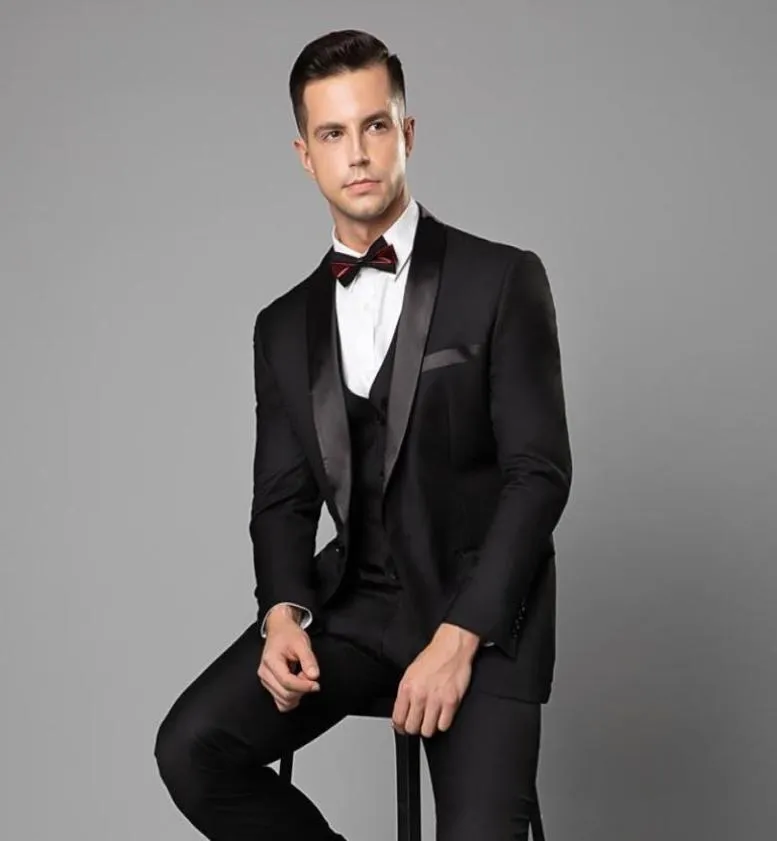 2020 Custom Made Mens Wedding Tuxedos Black Blazer Suits One Button Shawl Lapel Three Pieces Brudgummen Mens Suit Jacketpantsve5194478