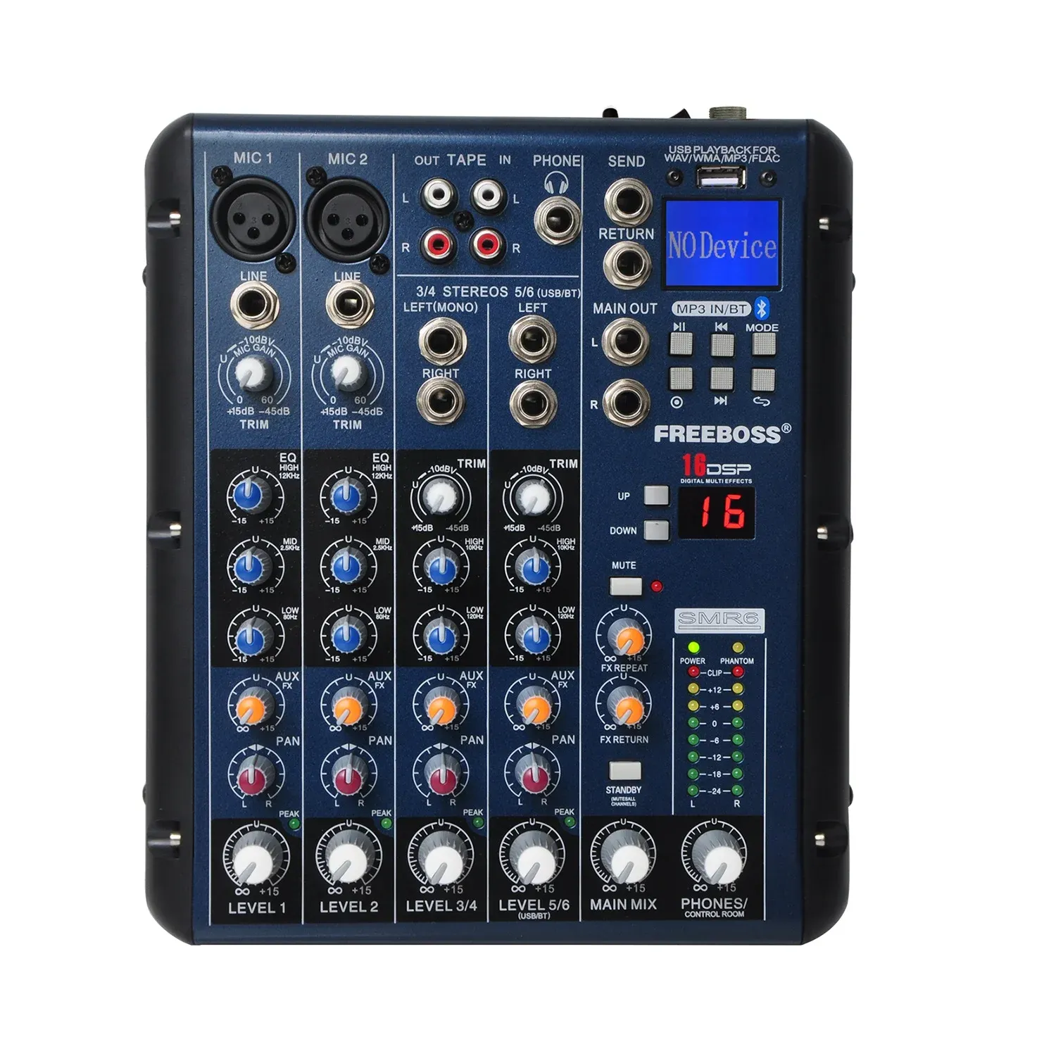 Mixer Bluetooth Audio Bluetooth Mixer 2 Mono + 2 Stéréo 6 canaux USB Play Record 3 Band Eq 16 DSP Effect Console professionnel SMR6