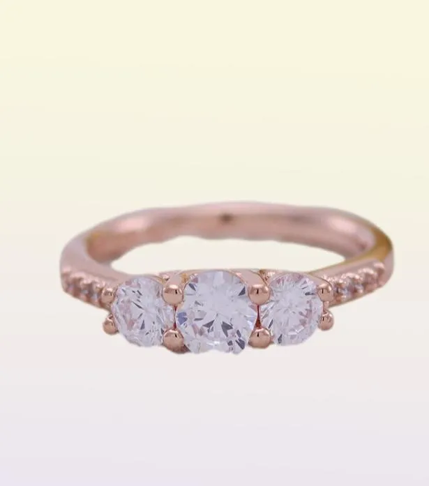 Clear Three-Stone Ring Authentic 925 Silver Rose Gold Plated Wedding Jewelry for Cz Diamond Girl Friend Gift Rings with Original Box5698765