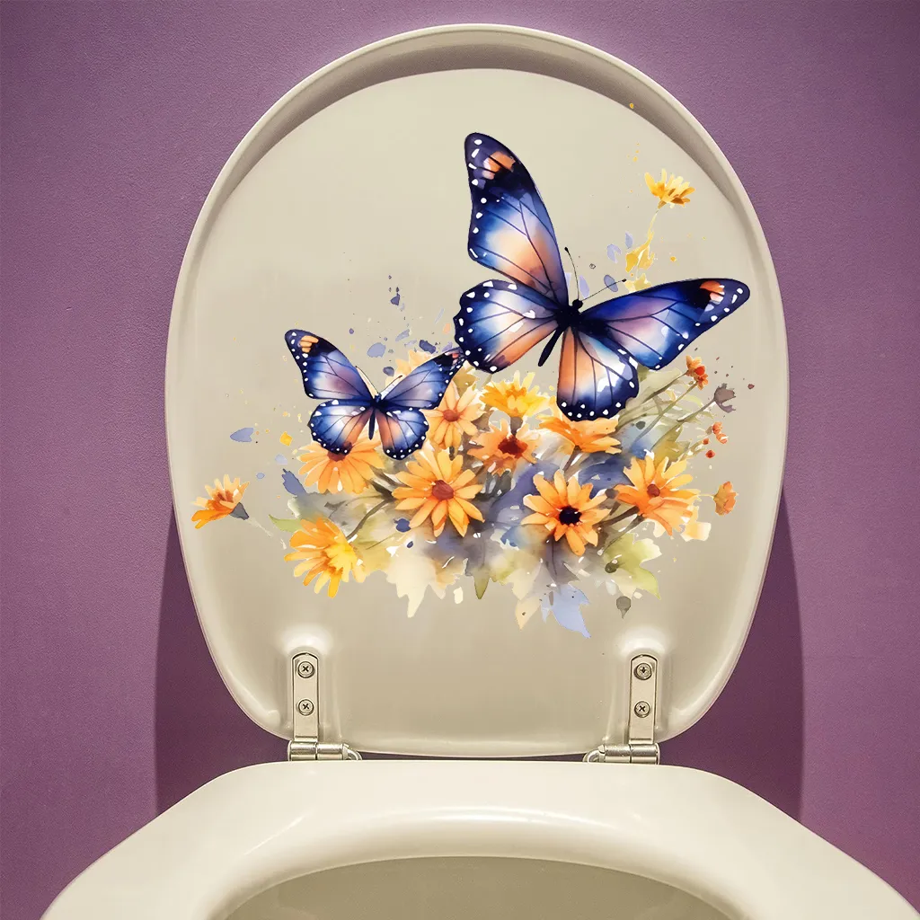 Removable Flowers & Butterflies Toilet Lid Stickers - Waterproof Vinyl Decal Bathroom Decor