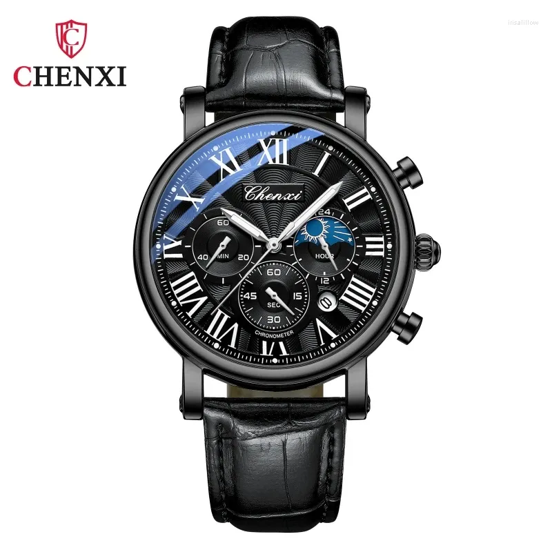 Wallwatches Chenxi 973 Reloj de negocios multifunción Moner Fase impermeable Roma Reloj de cuero de cuero de diale de marco de pulsera de pulsera