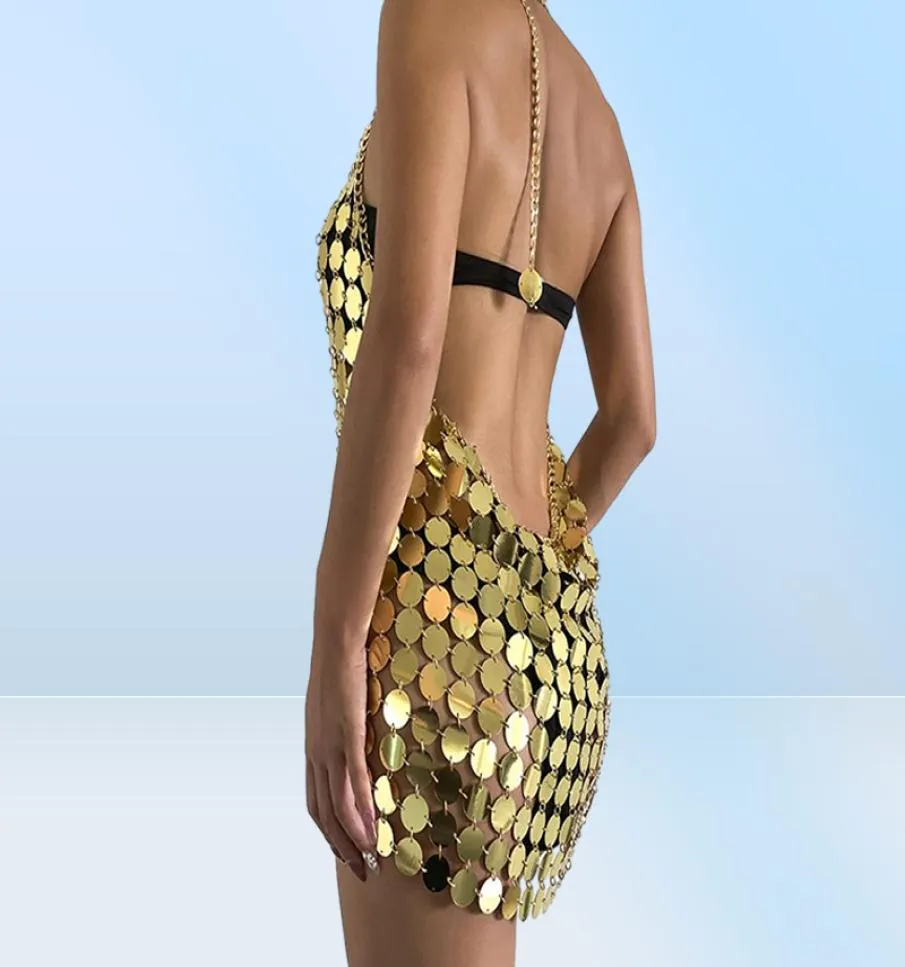 Röcke Strand Frauen Körperkette coole sexy Mesh Pailletten BH Bikini Nachtclub Stil übertrieben runde Kleidung Statement Metallketten BR7318169