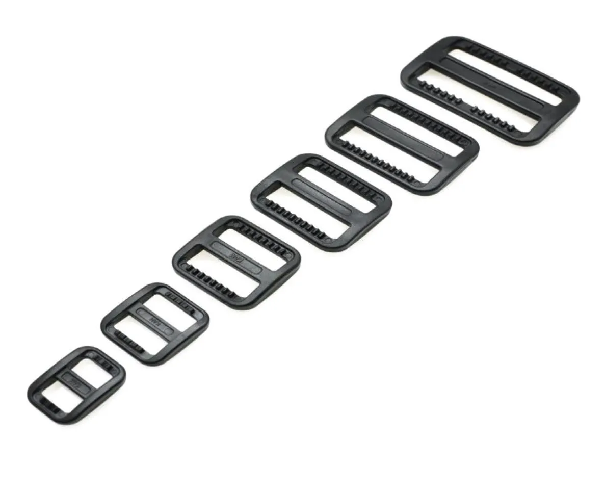 100pcslot Plastic Slider Tri Glide Justera spännen bredare stil ryggsäckband webbing svart8099888