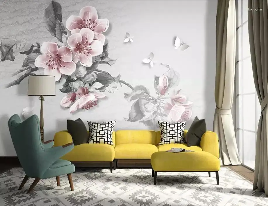 Duvar Kağıtları CJSIR Büyük 3D Duvar Kağıdı Modern El Boyalı Çiçek Kelebek Yağlı Boya Tv Oturma Odası Duvar Kağıt Peint
