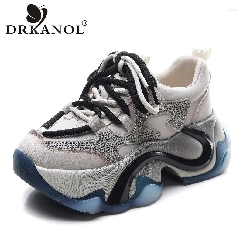 Casual Shoes DRKANOL Fashion Women Sneakers Chunky Platform Wedges Heel Height Increasing 7cm Genuine Leather Rhinestone Dad