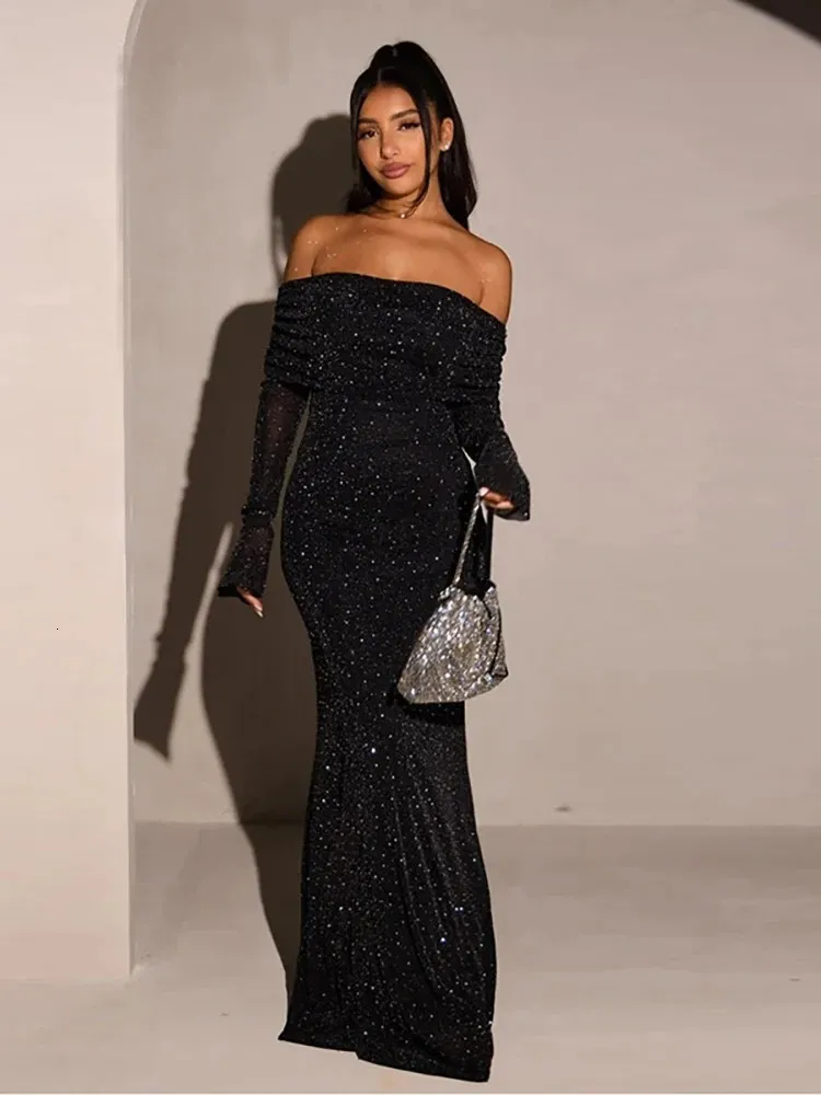knee length dresses for ladies Black Sequin Long Sleeve Wrap Maxi Dress