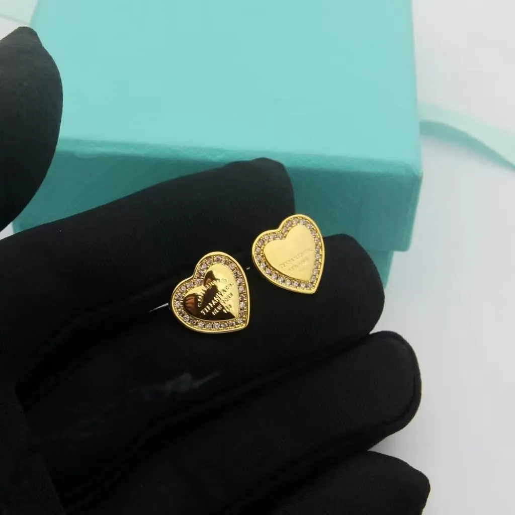 Forever Love Heart Gold Heart Earring Women Rose Stud Paar Flanel Bag Roestvrij staal 10 mm sieraden Geschenken Vrouw Accessoires Groothandel