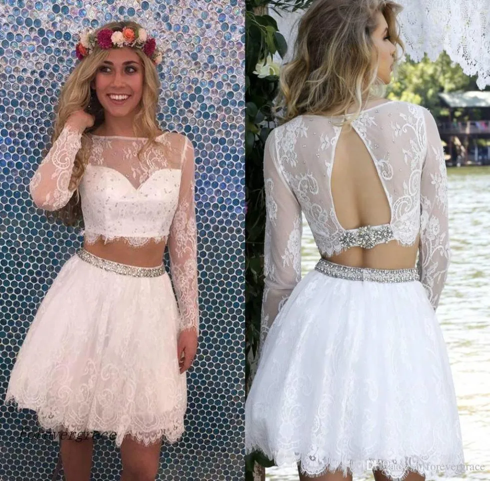 2019 Little White Two Piece Short Homecoming Dress A Line Lace Juniors Sweet 15 Graduation Cocktail Party Dress Plus Size Custom M9393075