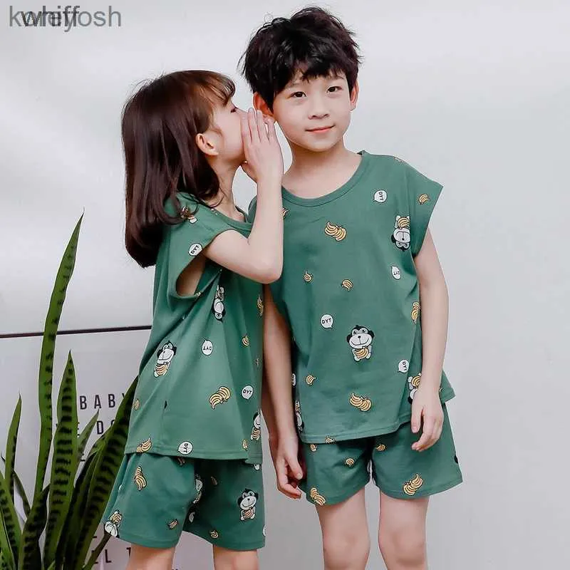 Pajamas Pajamas Boys Girls Pajamas New Summer Summer Sleeve Childrens Closewe Sleepwear Cotton Cotton Pajamas مجموعات للأطفال 4 6 8 10 12 14 YEARSL231109 C240413