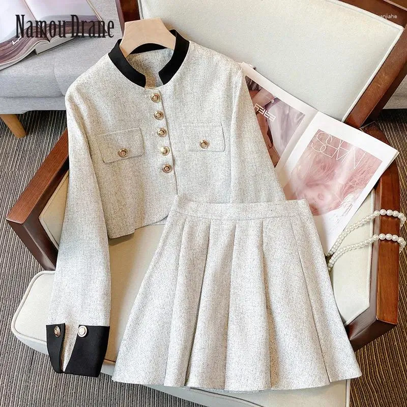 Work Dresses Spring And Autumn Suit Women's 2024 Senior Sense Tweed Long-sleeved Coat Pleated Short Skirt Foreign Style Two-piece Set