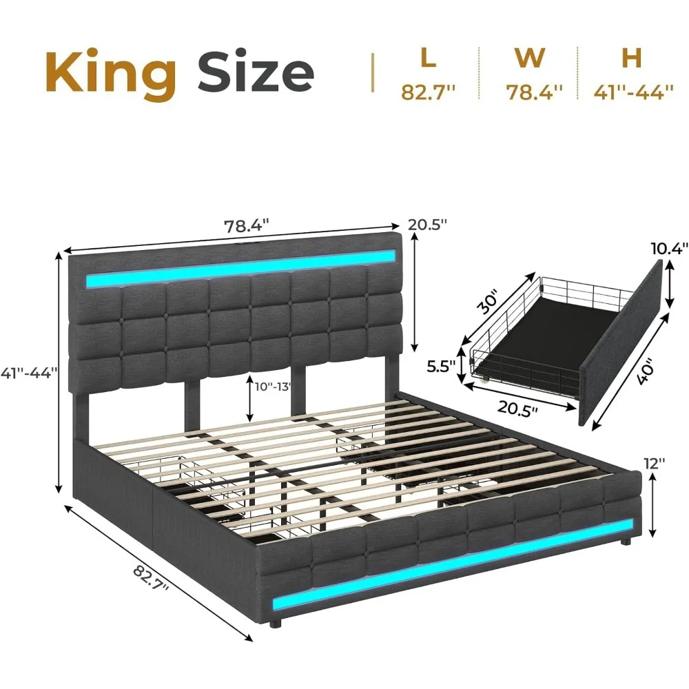 King Size Platform Bed Frame with LED Lighting, Upholstered Storage ...