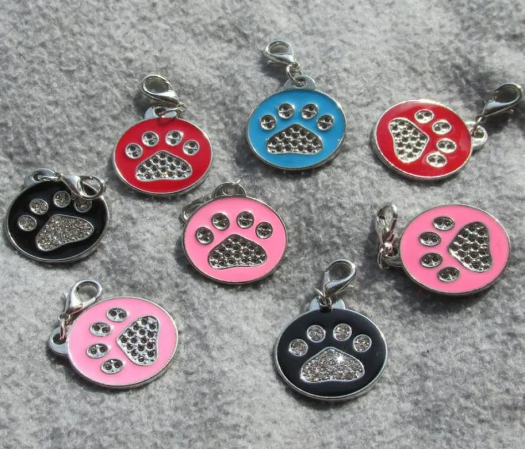 100pcs Lot Zinklegungslegierung Pawdesign Round leere Haustierhundkatze -Identitäts -Tags für Haustierkragen mit Diamanten dekoriert235e4264754