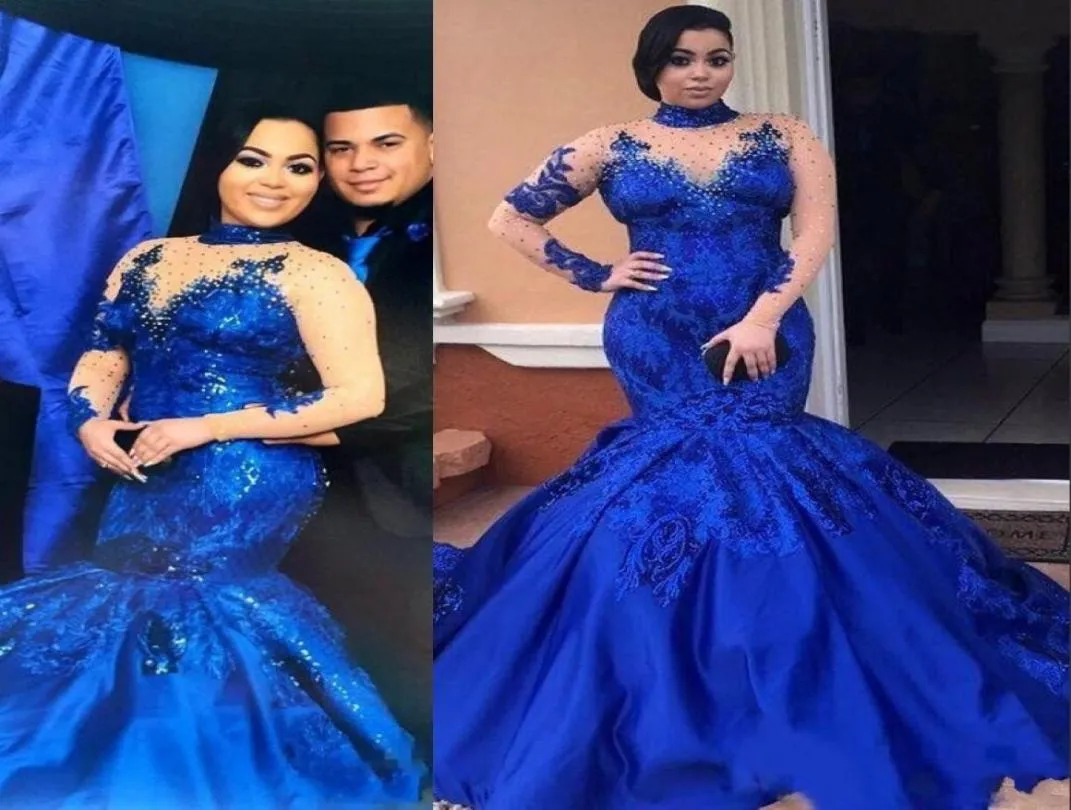 Saoedi -Arabië Royal Blue Prom Dresses High Neck Naakt Mesh Plus Size lange mouwen avondjurken Satin Mermaid Forma Dames feestje Wear30559099