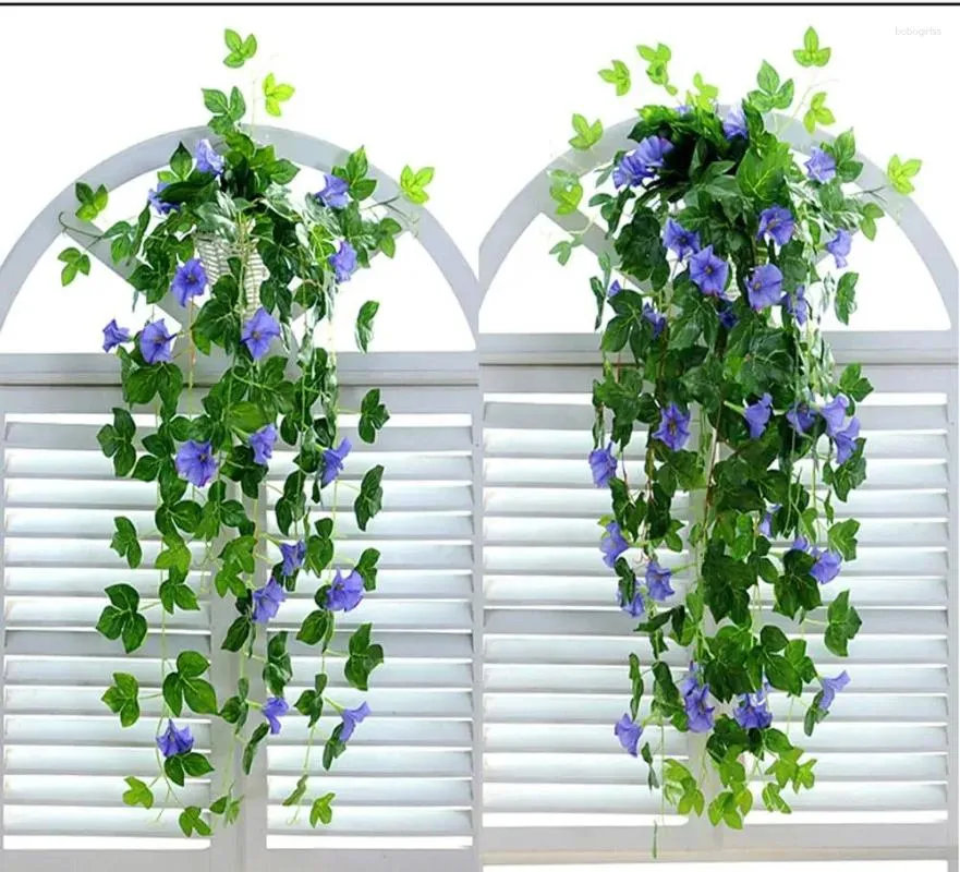 Decorative Flowers Artificial Vines 2pcs Morning Glory Trumpet Flower Vine Fake Green Plant Home Garden Wall Fence Outdoor Wedding Decor