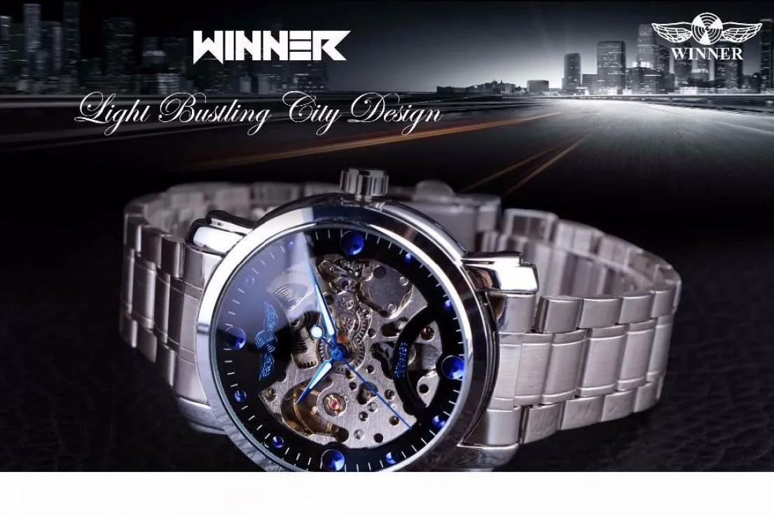 K Winner Blue Ocean Fashion Casual Designer Rostfritt stål Män skelett Klocka Mens Watches Top Brand Luxury Automatic Watch Clock2973334