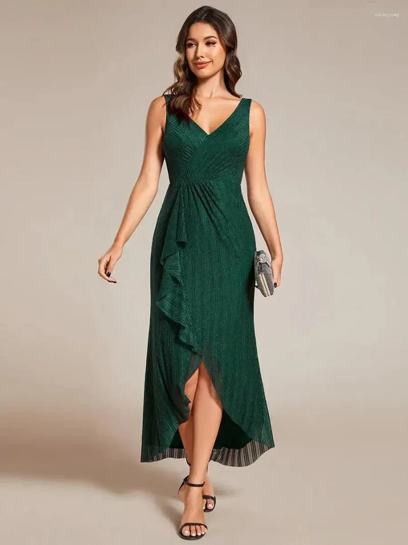 Party Dresses Gorgeous Evening High-Low Ruffle Mermaid With V-Neck Midi Length 2024 Ever Pretty Of Dark Green Wedding Guest Dress