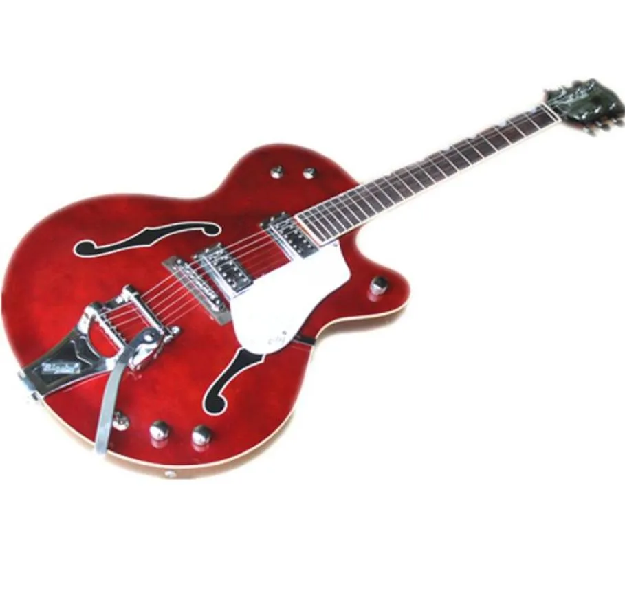 6120 6196 Elektryczna gitara Czerwona Guitar White Binding Semi puste korpus różynowodziejka Tremolo Bridge Bigs Rocker Print F Hole7460468