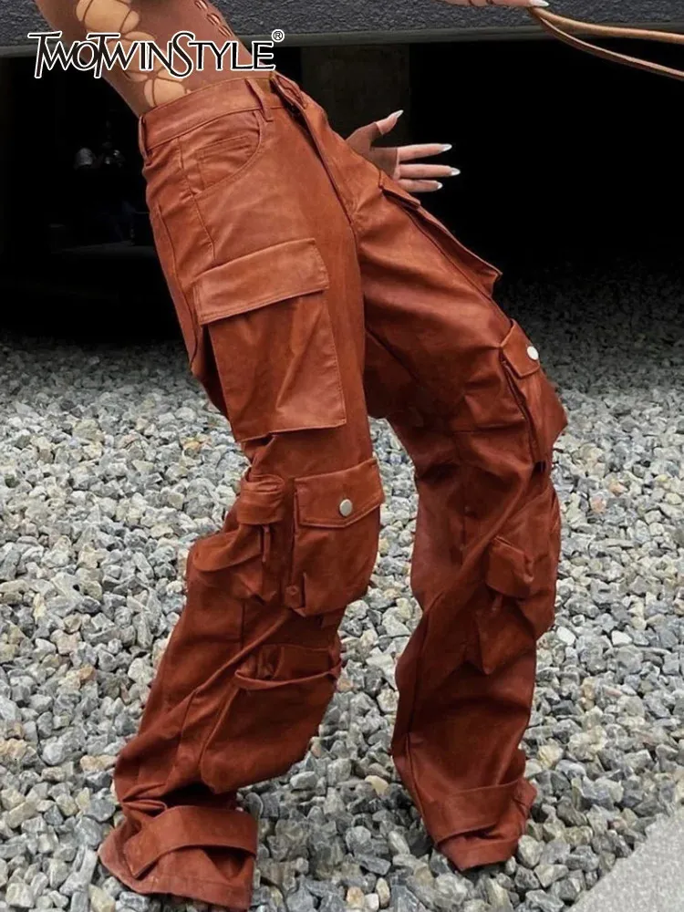 Pantalon en cuir pantalons en cuir à twinstyle patchwork pour femmes pantalon de style coffre-glissière
