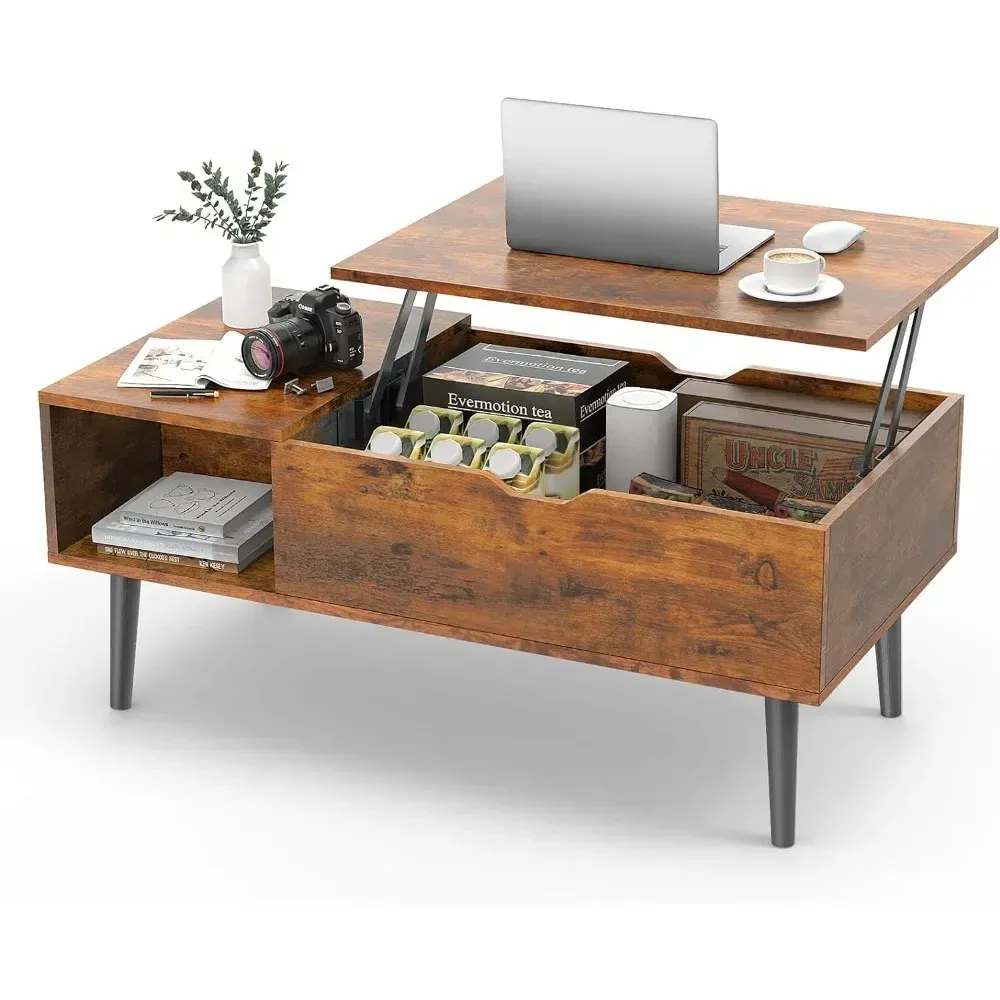 Rustic Brown Wooden Coffee Table with Lift Top and Concealed Storage ...