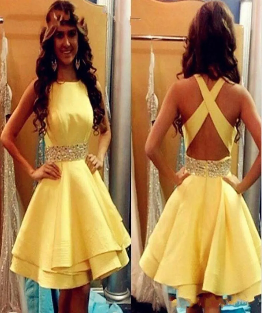 Sexy Satin Yellow Beads Homecoming Dresses Sequins Cross Straps Back Arabic Bridesmaid Short Prom Dress Cocktail Party Club Wear G7667796