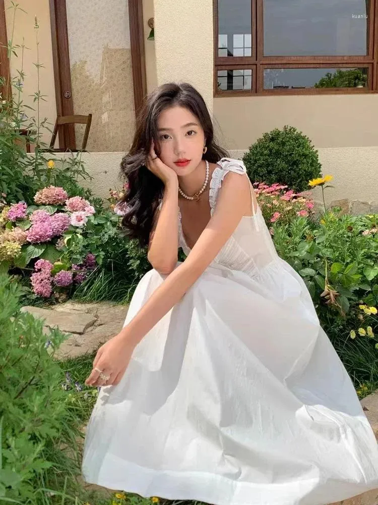 Womens Summer Midi Dress Sleeveless White Lace Ruffled O-Neck Empire Waist  A-Line from Dhgate Basic & Casual Dresses - price 50.12