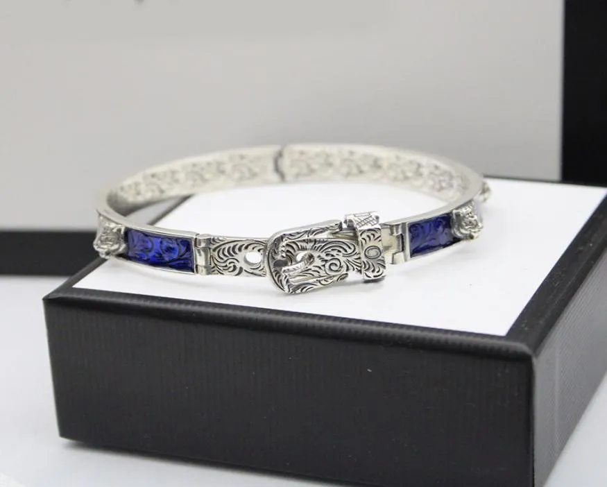 925 Sterling Silver Tiger Head Blue Enamel Couple Bracelet Men and Women Brand Luxur