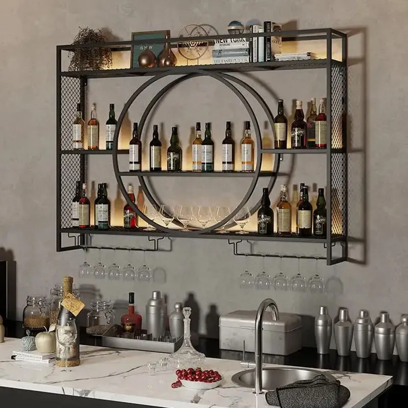 Wall Mounted Round Wine Rack – Metal Display Rack Holds 7 Bottles & 4 Glasses, Black Iron, Modern Style For Bar Or Kitchen