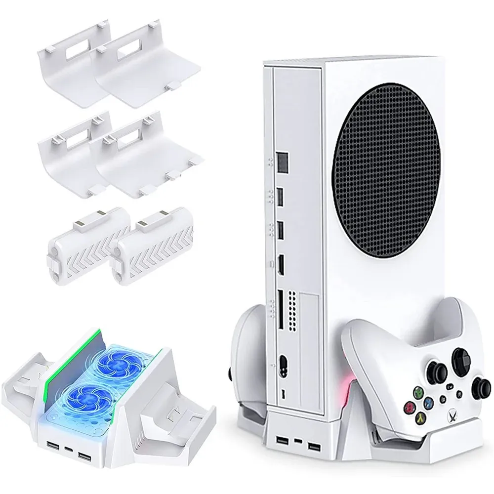 Stands Dobe för Xbox Series S Vertical Cooling Fan Stand med dubbla kontroller Charger Battery Pack Charging Dock för Xbox SS Tyx0663