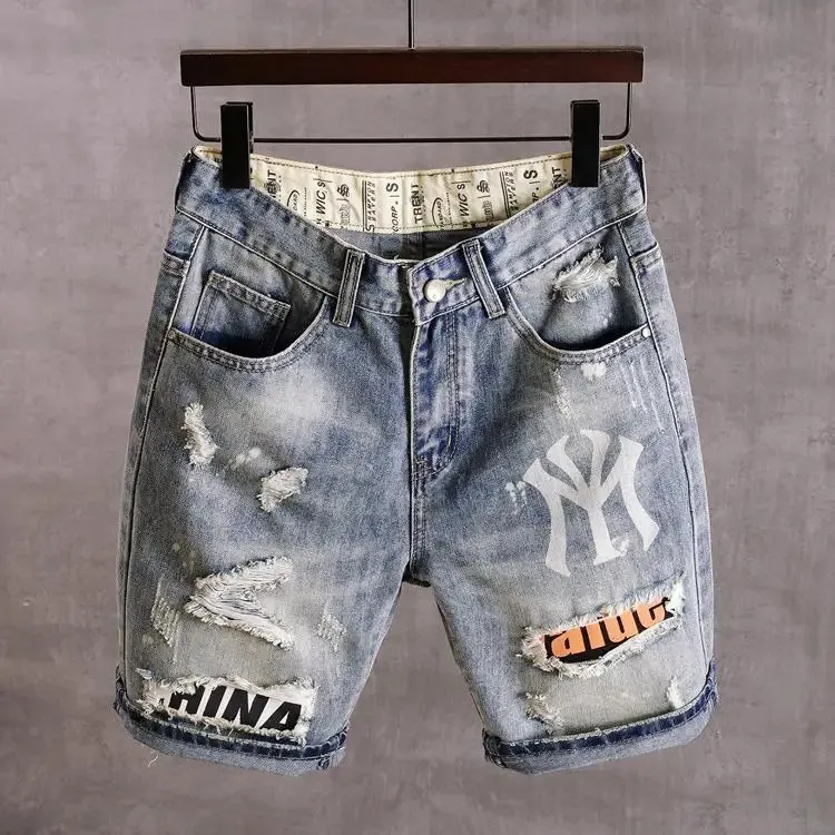 Mens Denim Shorts With Holes Washed Korean Style Straight Quarter Patch Casual Jeans 240402