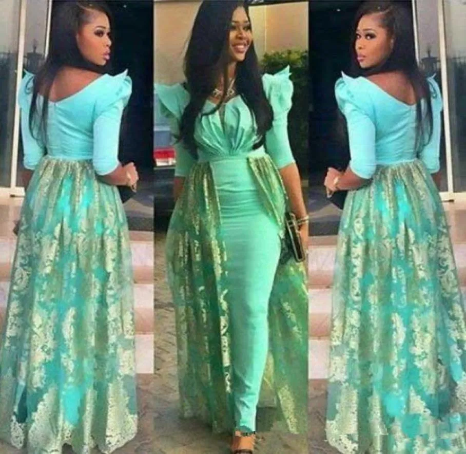 ASO EBI SUKIENKI Evening Vneck Half Juliet Sheath Suknie z Złotą aplikacją Watteau Train Back Zipper Custom Made Formal Dress9140372