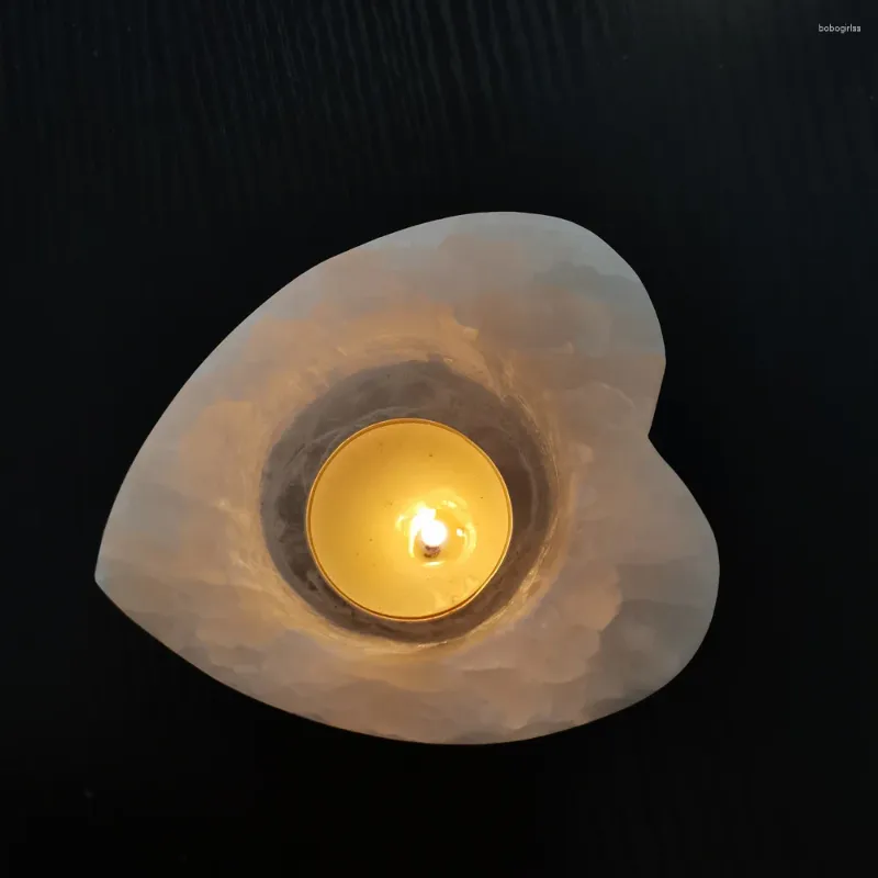Titulares de vela de 8-9cm Selenito natural de cetim Spar forma de coração Luz de chá para decora de casa