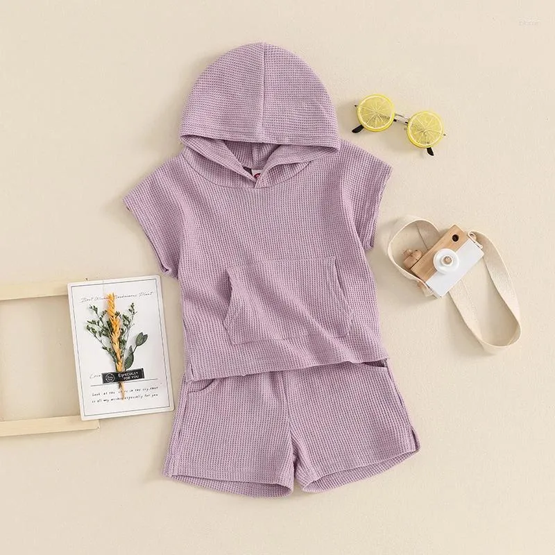 Kläder sätter Little Girl Boy Waffle Set Solid Color Hooded T Shirt Topps Elastic Midje Split Shorts Toddler Summer Outfits