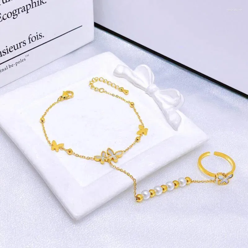 Link Bracelets Stainless Steel Shell Butterfly Chain Connected Finger Ring For Women Linked Hand Harness Couple Jewelry Gifts