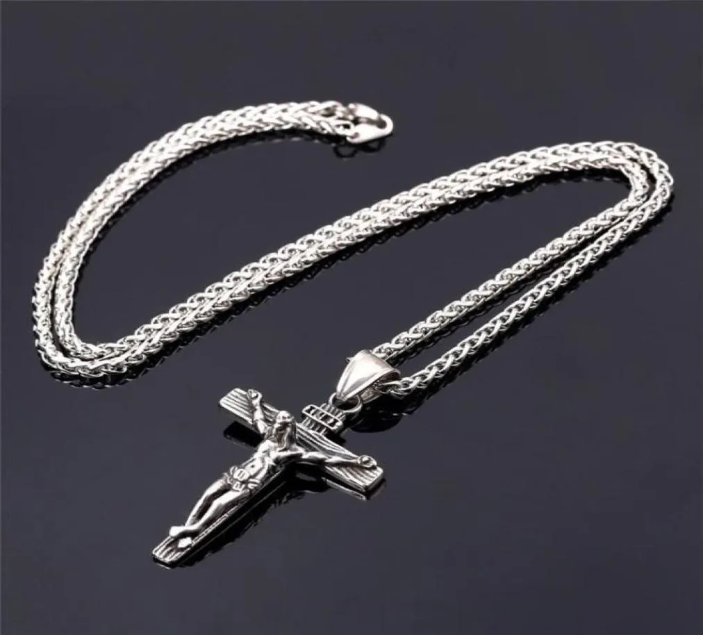 Kedjor Religiös Jesus Cross Halsband för män Guld i rostfritt stål Crucifix Pendant med kedjhalsband Male Jewelry Gift4599628