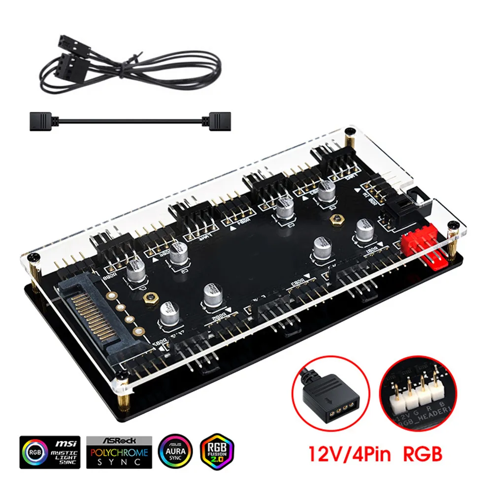 Hub Pwm Hub ARGB E PWM Per Ventole PC - 8 Porte 5V Con Guscio Acrilico - Gestione Cavi E Sincronizzazione RGB Controller Ventole Pc - 7