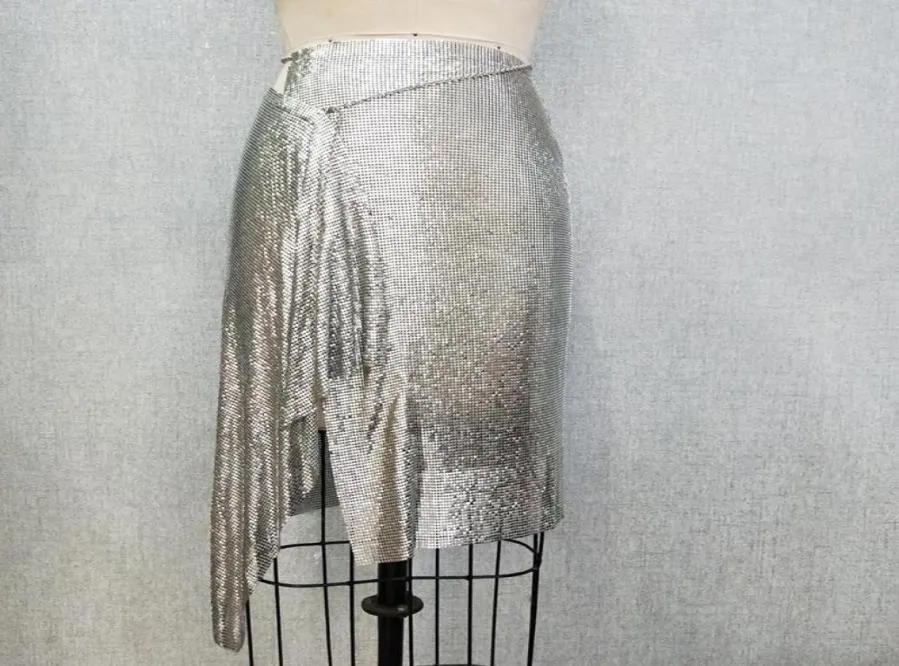 Faldas 2022 Sexy Club Silver Aluminum Sequin Metálico Metal Metal Mesh Cadena Cumpleaños Cumpleaños Party Skirt4273872