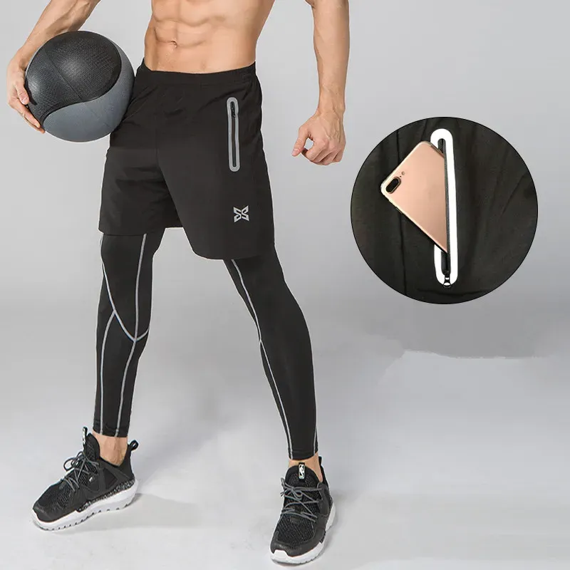 Pants Men Running Tights Shorts Pants Sport Clothing Soccer Leggings Compression Fitness Football Basketball Tights Zipper Pocket 2Pcs