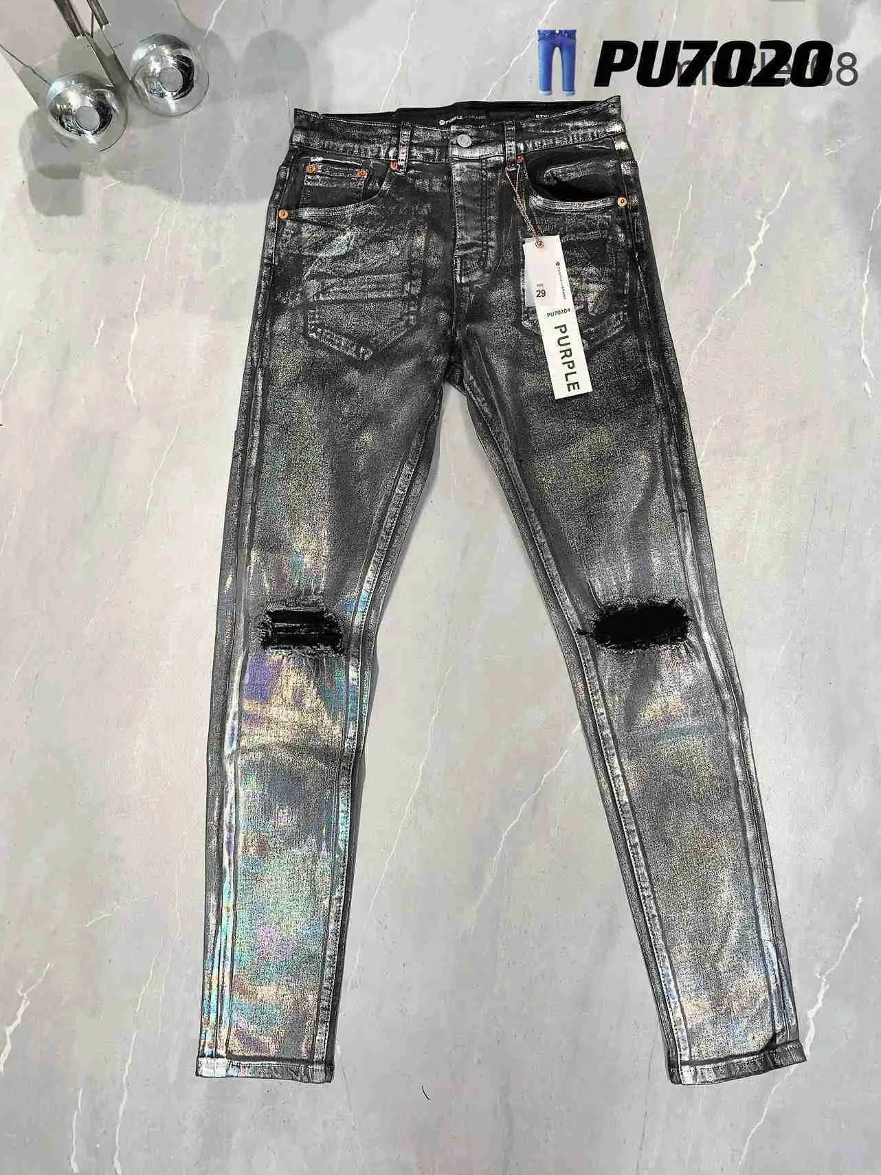 2024パープルブランド高品質のジーンズ1 1潮のファッションスリムジーンズハイストリートブラックパンツシルバーコーティングカーフパンツ