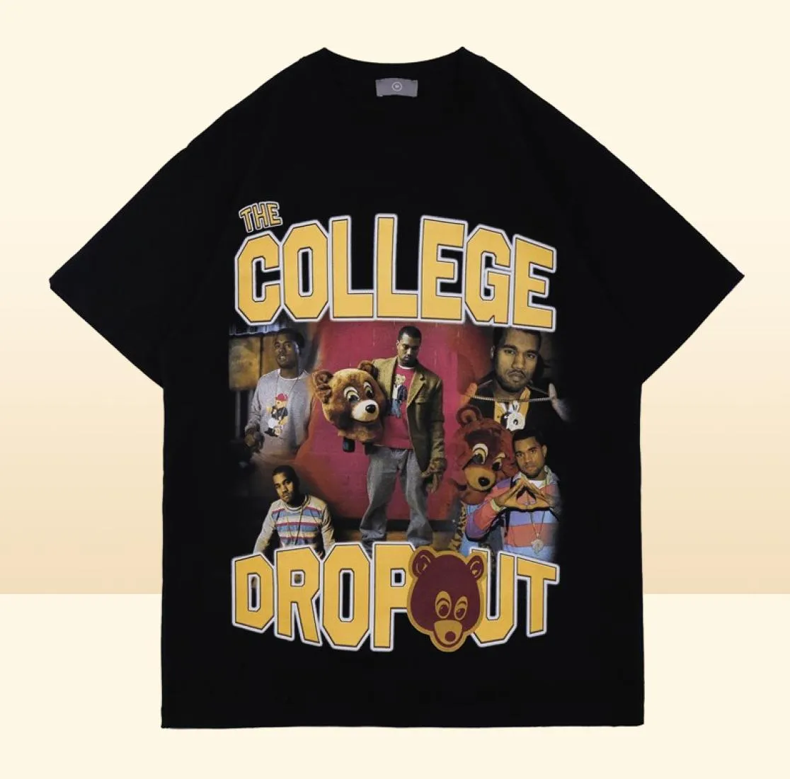 Hip Hop Print Tshirt College Dropout Music Tee Men Kvinnor Högkvalitativa mönster tvättade toppar Kort ärm4501255