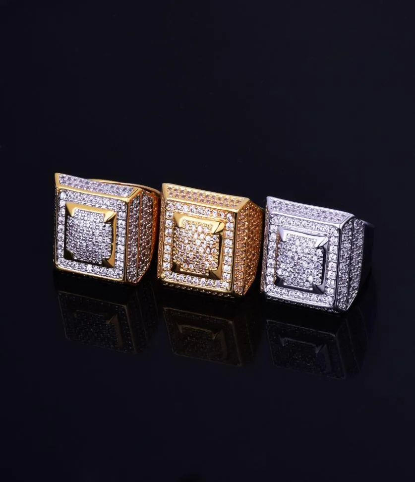 Bling glacé out cubic zircon men039s anneaux en cuivre matériau or argent couleur cz complet riveau hip hop dons 5940498