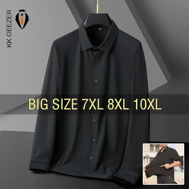 サマーメンズシャツの弾力性長袖特大サイズ6xl 7xl 8xl 10xlプラスサイズフォーマルトレーレスブラックデザイナー高品質240329