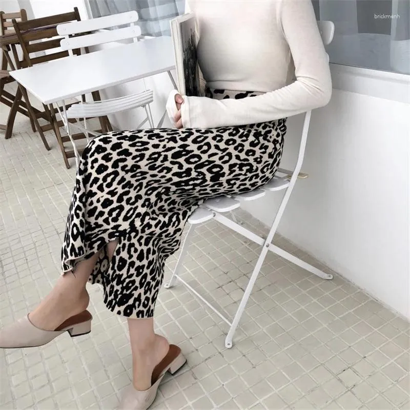 Gonne giunti leopardo ventage impero slim a-line-line corean casual ladies ad alta vita a maglia split a metà chicco lungo