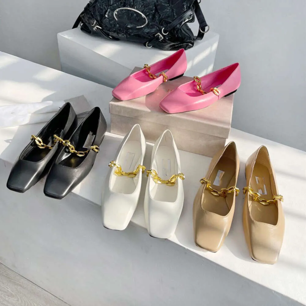 High End Quality 2024 New Metal Chain Square Toe Flat Sole Single Shoe Women's Sheepskin Comfortable French Style Mary Jane