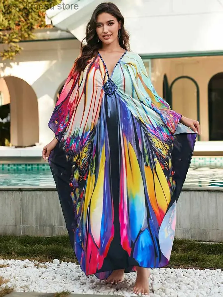 Bohemian Multicolored Polyester Ankle-Length Dress with V-Neck and Batwing Sleeve for Women Summer Bohemian Multicolored Polyester Ankle-Length Dress with V-Neck and Batwing Sleeve for Women Summer