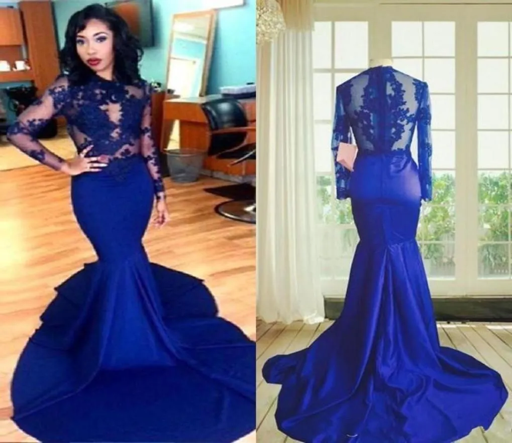 Mangas compridas Vestido de baile Mermaid Style High Neck Seethrough Apliques de renda Sexy Royal Blue African Party Vestidos de noite3317711