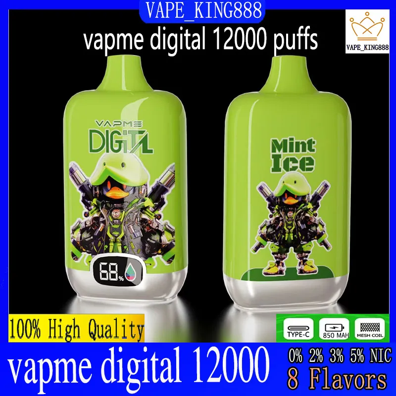 VapMe Digital 12000 Puffs Ponto de vape descartável E- Cigarro 0/2/3/5 Bateria 850mAh Cobalto tipo C Capacidade de porta 20 ml Coilas de suco Vape Bobina de malha de malha ohm Bateria recarregável