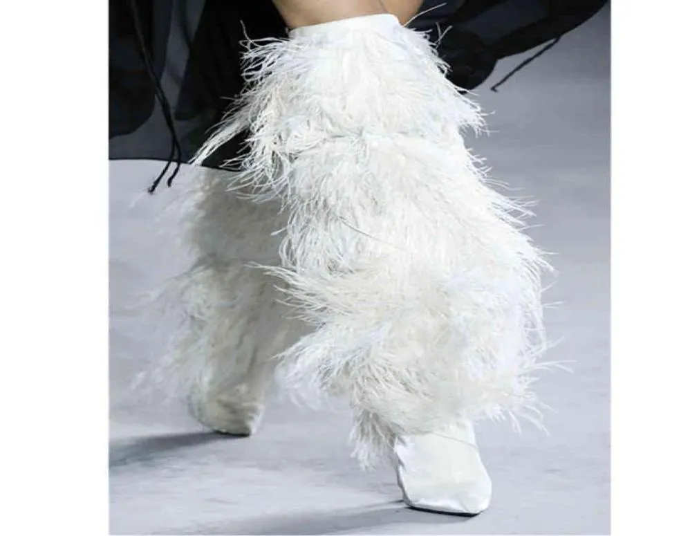 Сапоги пертеховые женщины с высоким замшевым перекрестным ударом на каблуках туфли на каблуках сексуальные страусовые перья над коленом 2209016671916