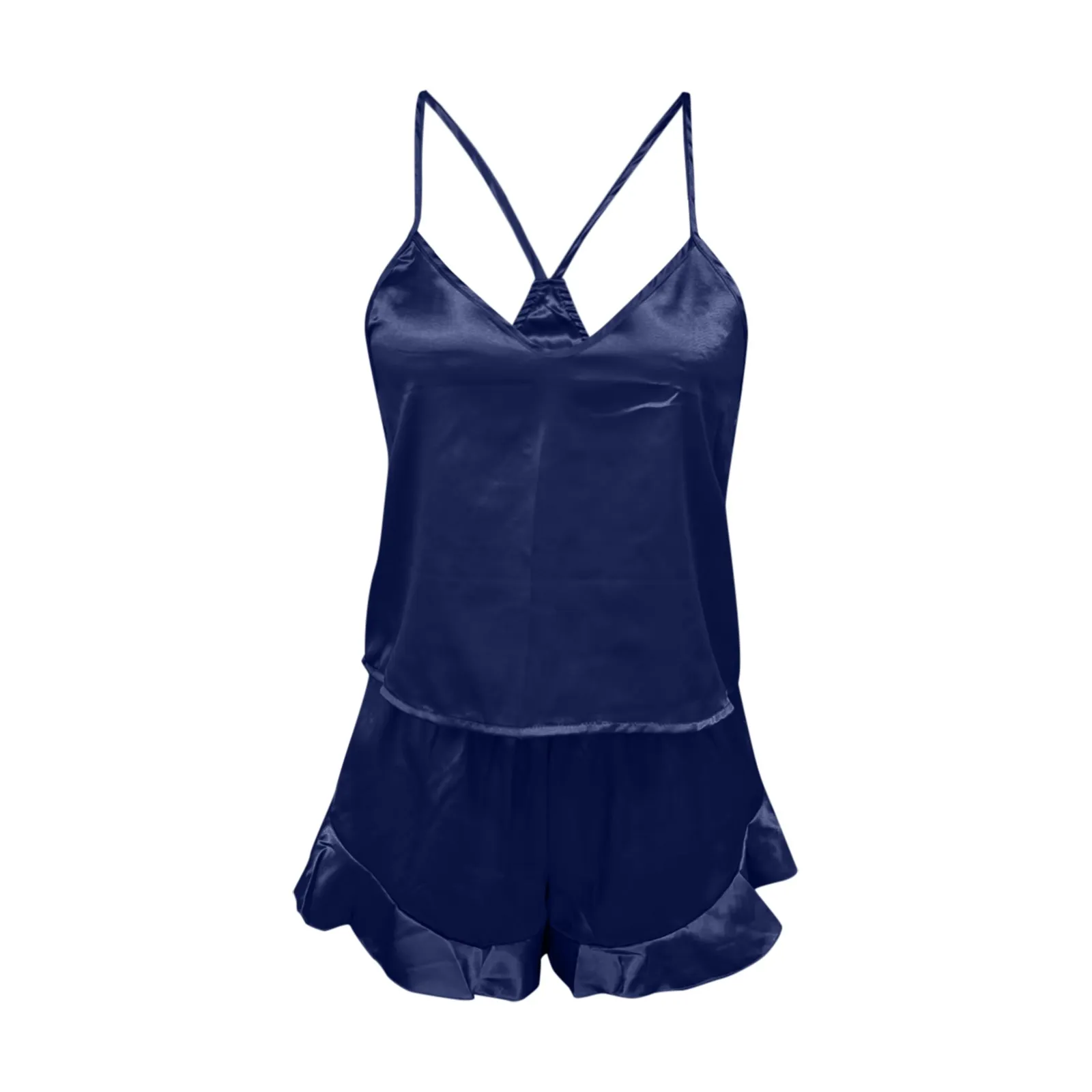 Umenlele Women's Satin Pajama Set - V-Neck Ruffle Short Sleeve Top And Shorts, Navy Blue, X-Small - View #5